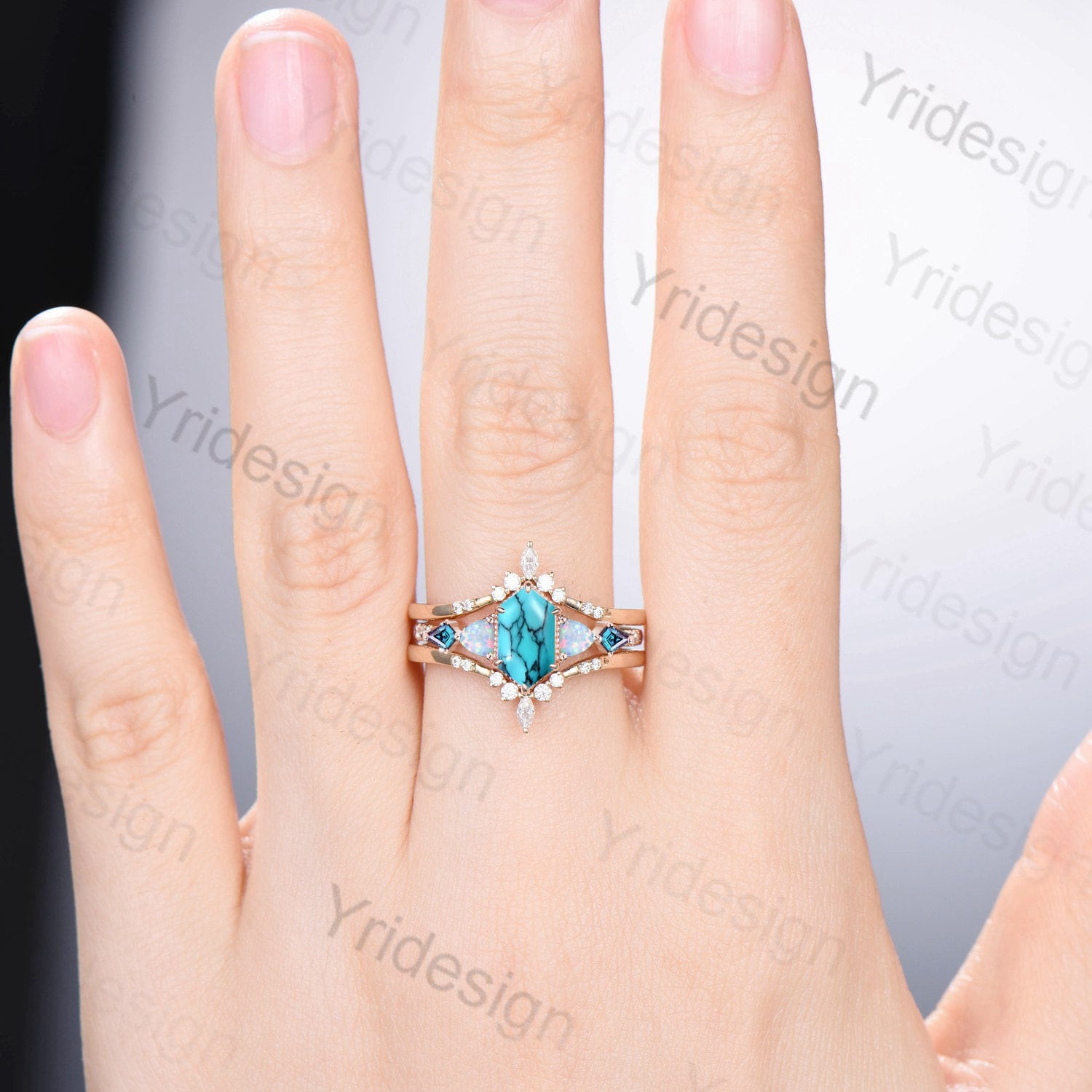 Vintage 5X9mm long hexagon turquoise engagement ring set unique triangle fire opal kite alexandrite wedding ring set double curved v band - PENFINE