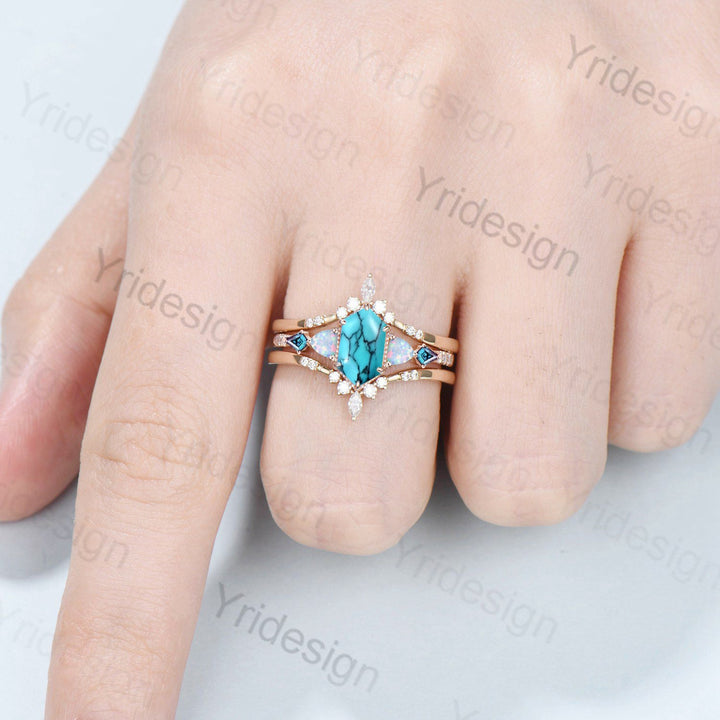 Vintage 5X9mm long hexagon turquoise engagement ring set unique triangle fire opal kite alexandrite wedding ring set double curved v band - PENFINE