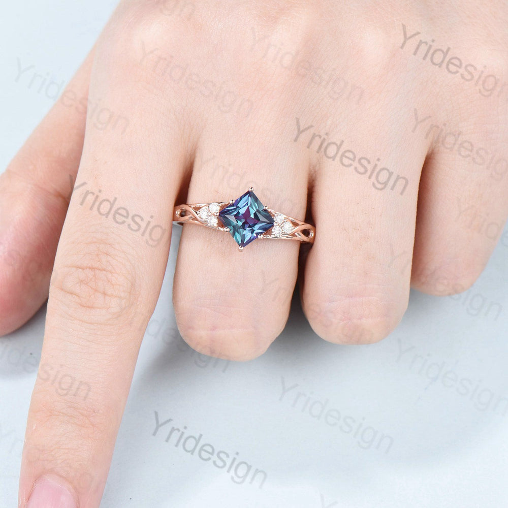 Vintage Princess Cut Alexandrite Engagement Ring Rose Gold Unique Celtic Love Color Change Cluster Diamond Wedding Ring Anniversary gift - PENFINE