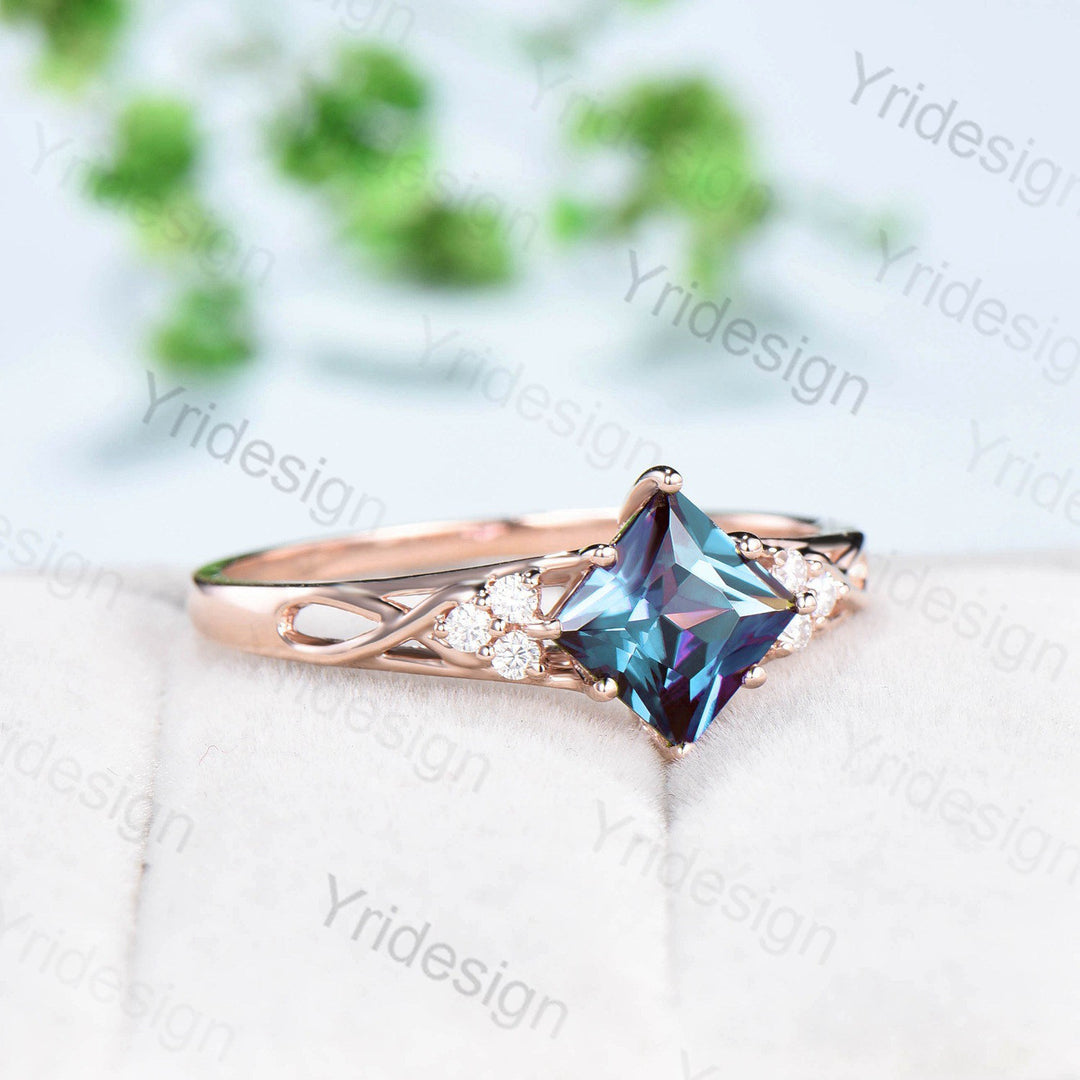 Vintage Princess Cut Alexandrite Engagement Ring Rose Gold Unique Celtic Love Color Change Cluster Diamond Wedding Ring Anniversary gift - PENFINE