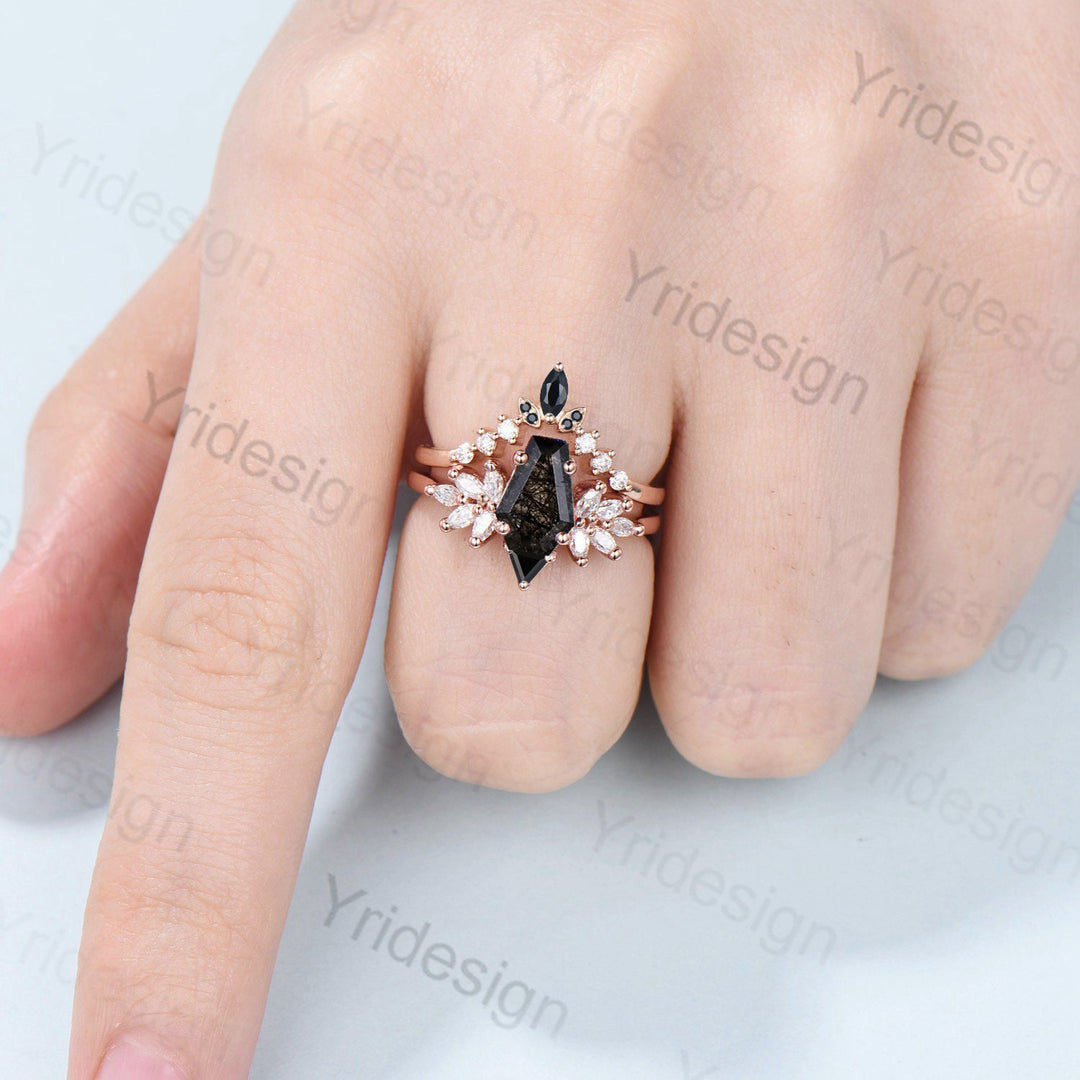 Unique Coffin Cut Black Rutilated Engagement Ring Set Art Deco Marquise Black Quartz Wedding Ring Moissanite Bridal Ring Birthday Gift Women - PENFINE