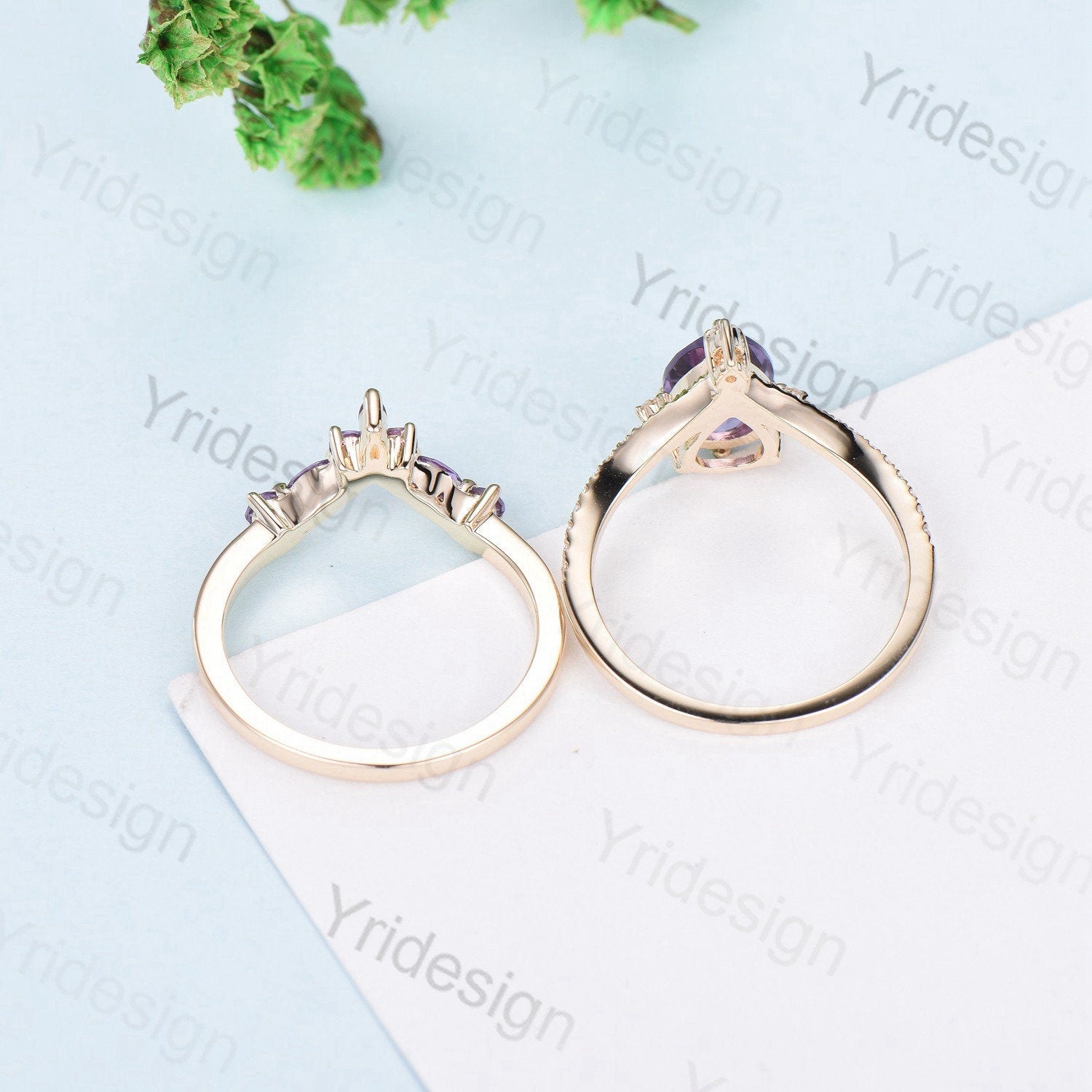 Vintage Pear Amethyst Engagement Ring 14K Yellow Gold Purple Crystal February Birthstone Wedding Ring Set For Women art deco bridal ring set - PENFINE