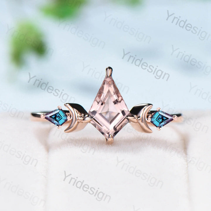 Vintage Kite Cut Morganite Engagement Ring Unique Dainty Pink Morganite Kite Alexandrite Wedding Ring Women Three Stone Moon Promise Ring - PENFINE