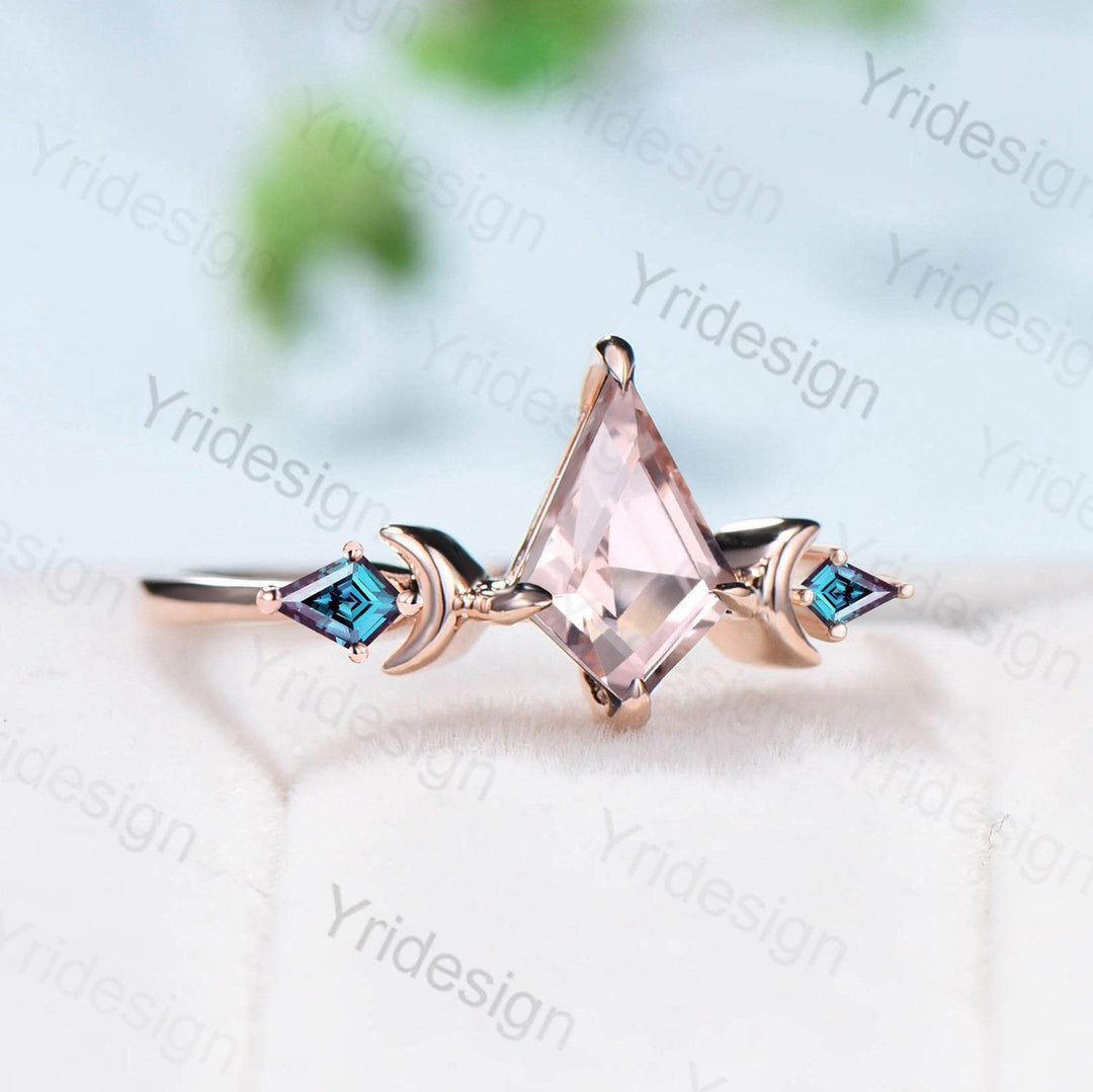 Vintage Kite Cut Morganite Engagement Ring Unique Dainty Pink Morganite Kite Alexandrite Wedding Ring Women Three Stone Moon Promise Ring - PENFINE