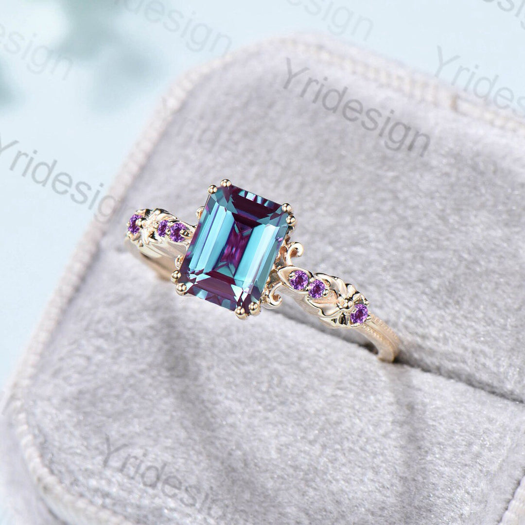 Retro Emerald Cut Alexandrite Engagement Ring Vintage Amethyst Celtic Wedding Ring unique 8 prongs stacking Band Ring Women Anniversary Gift - PENFINE