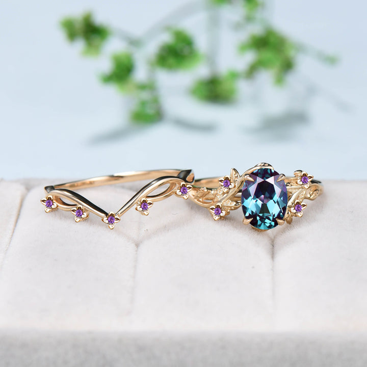 Nature Inspired purple flower alexandrite ring set cluster amethyst twig branch color change engagement ring women unique wedding ring set - PENFINE