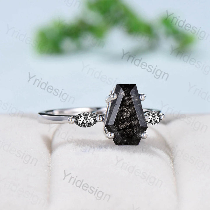 Minimalist Coffin Shaped Black Rutilated Quartz Ring Dainty Marquise Black Tourmaline Shield Three Stone Wedding Ring Proposal Gifts Women - PENFINE