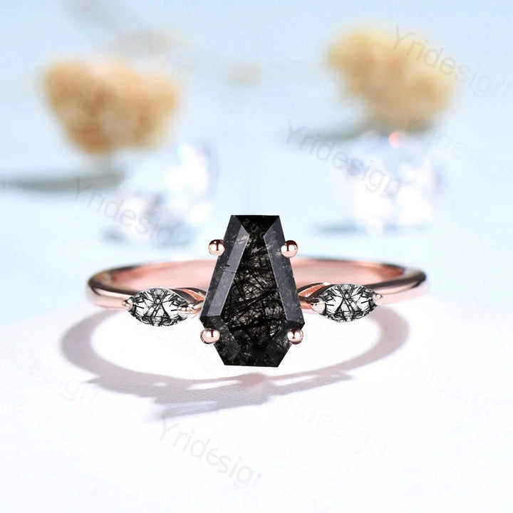 Minimalist Coffin Shaped Black Rutilated Quartz Ring Dainty Marquise Black Tourmaline Shield Three Stone Wedding Ring Proposal Gifts Women - PENFINE