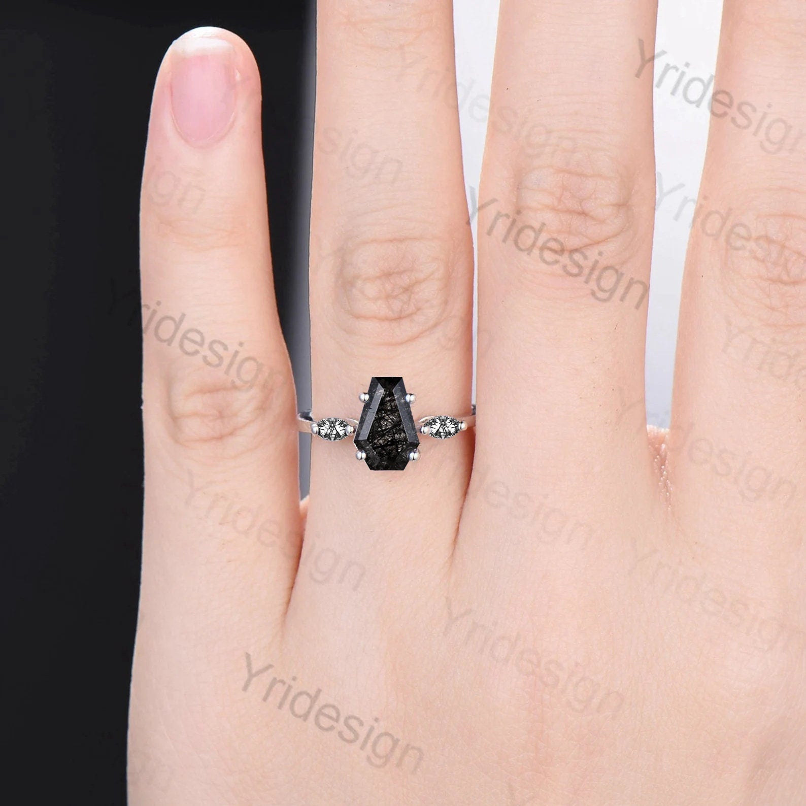 Minimalist Coffin Shaped Black Rutilated Quartz Ring Dainty Marquise Black Tourmaline Shield Three Stone Wedding Ring Proposal Gifts Women - PENFINE