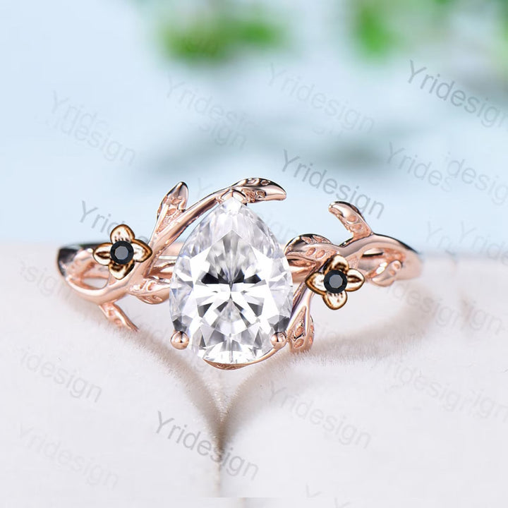 Nature Inspired Pear Moissanite Flower Ring Twig Leaf Moissanite Engagement Ring Rose Gold Leaves Branch Silver Gold Bridal Ring For Women - PENFINE