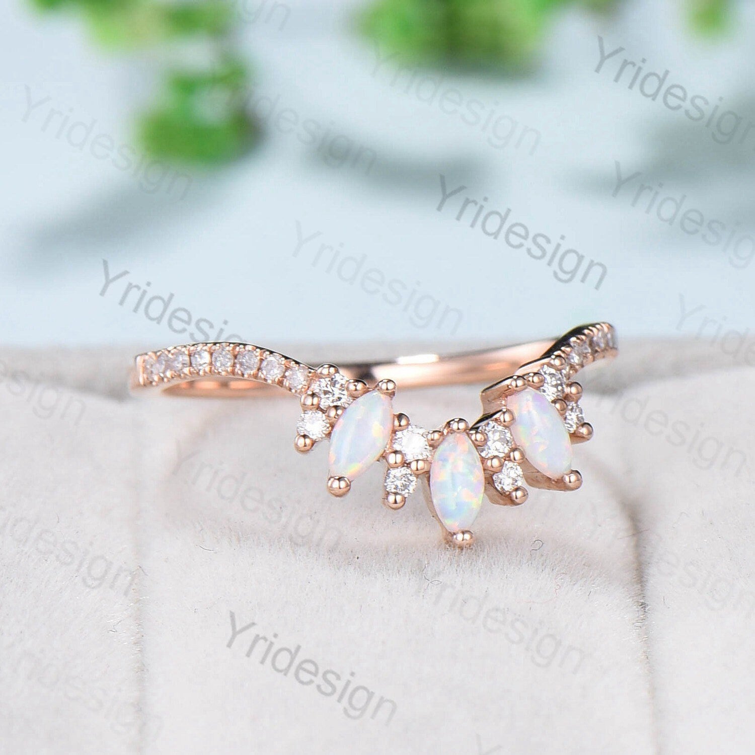 Opal Wedding Band Women Rose Gold Vintage Marquise White Opal Wedding Ring  Unique Curved V Matching Band Stacking Bridal Promise gift - PENFINE