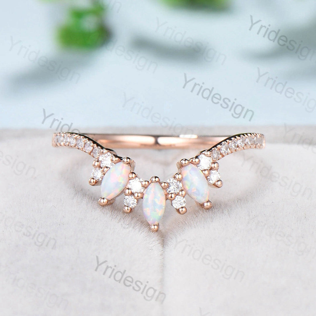 Opal Wedding Band Women Rose Gold Vintage Marquise White Opal Wedding Ring  Unique Curved V Matching Band Stacking Bridal Promise gift - PENFINE