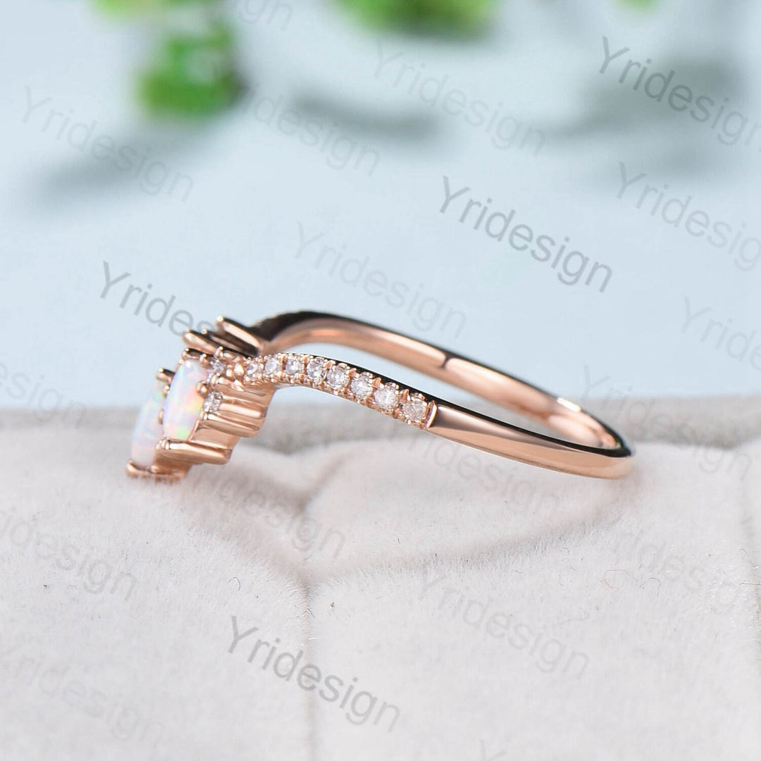 Opal Wedding Band Women Rose Gold Vintage Marquise White Opal Wedding Ring  Unique Curved V Matching Band Stacking Bridal Promise gift - PENFINE