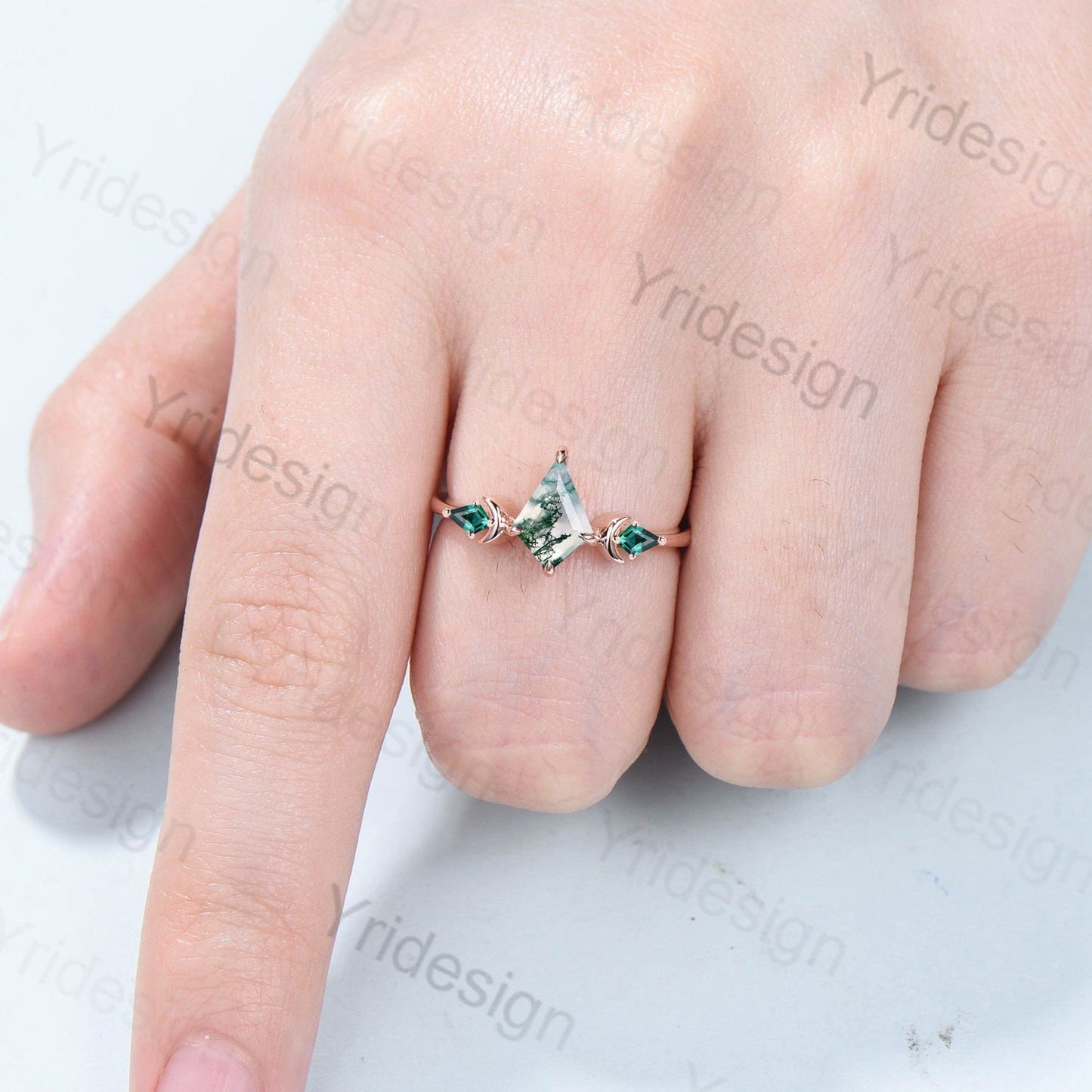 Dainty Kite Cut Moss Agate Engagement Ring Vintage Moon Green Agate Kite Emerald Wedding Ring For Women Rose Gold Art Deco Promise Ring - PENFINE