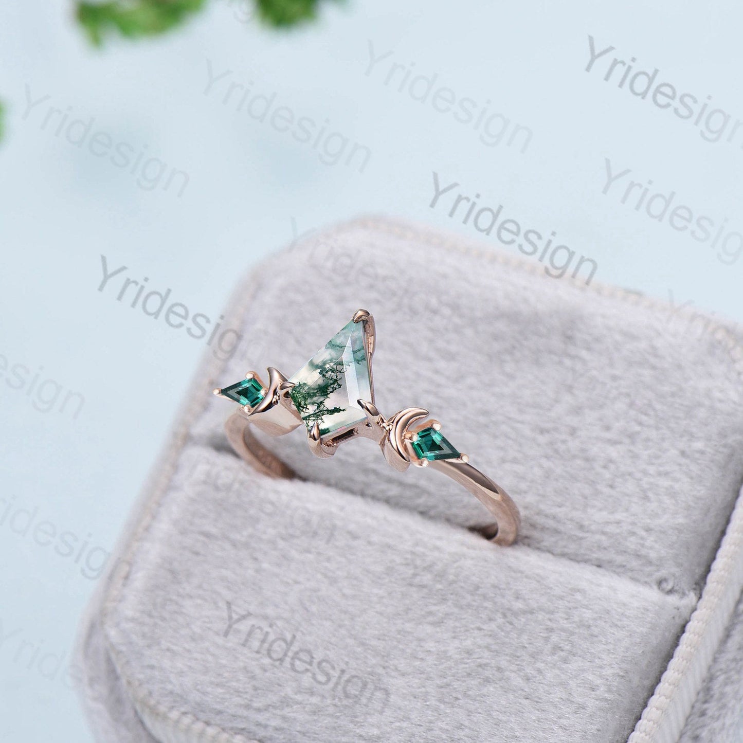 Dainty Kite Cut Moss Agate Engagement Ring Vintage Moon Green Agate Kite Emerald Wedding Ring For Women Rose Gold Art Deco Promise Ring - PENFINE
