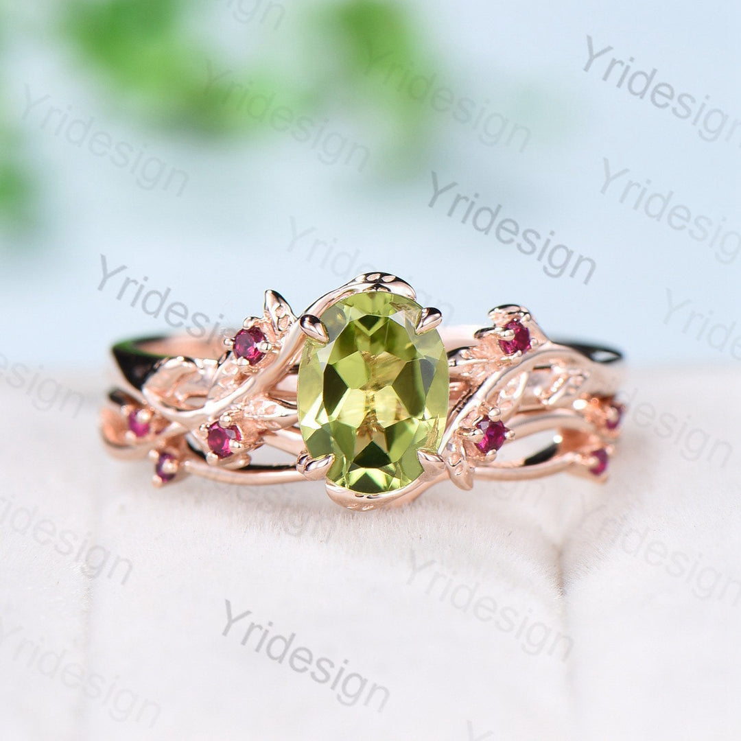 Vintage peridot and ruby wedding ring set Leaf twig engagement ring set Natural Inspired rose gold bridal set for women Branch promise ring - PENFINE