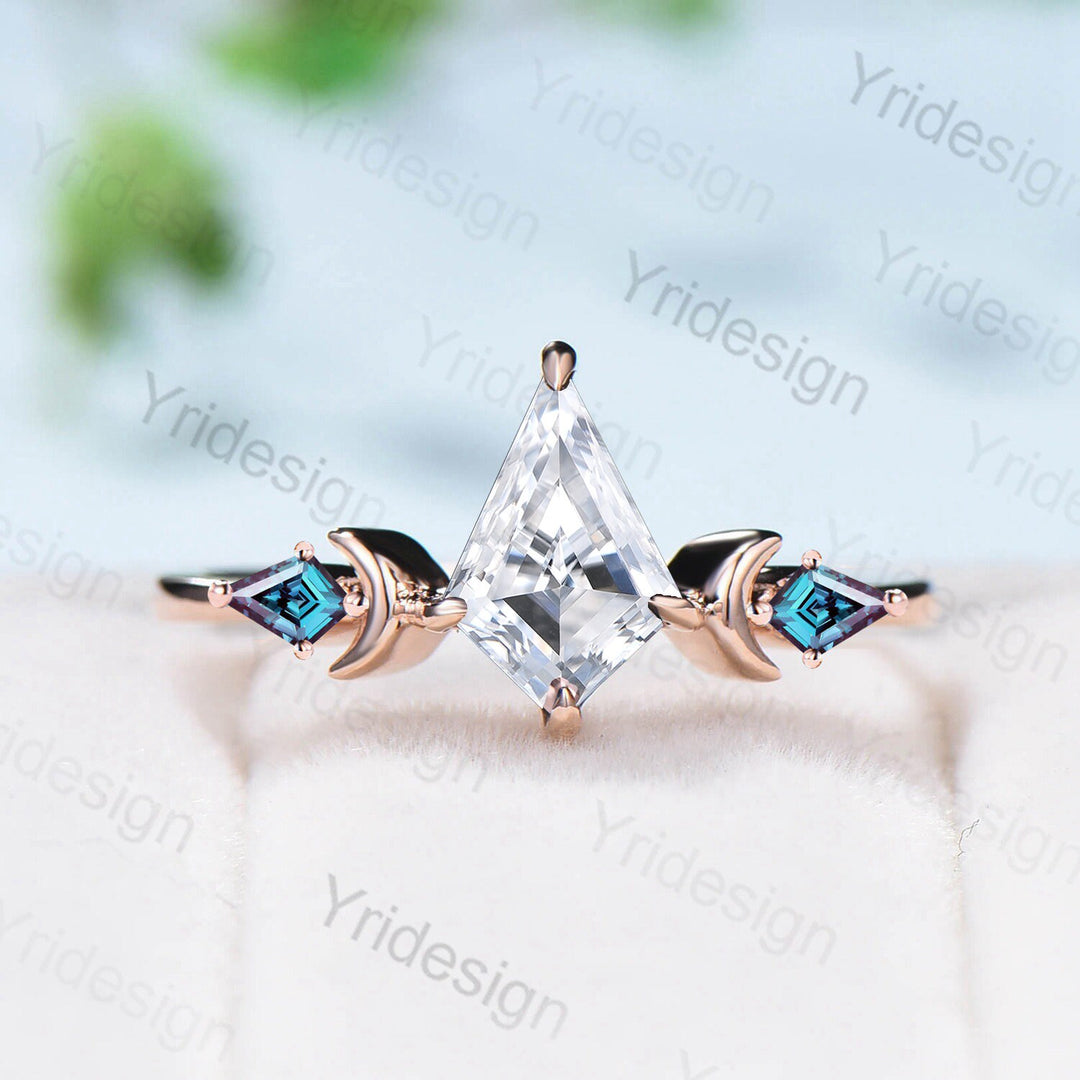 Dainty Kite Cut Moissanite Ring Vintage Moon Engagement Ring Unique Moissanite Alexandrite Wedding Ring For Women Rose Gold Anniversary Gift - PENFINE