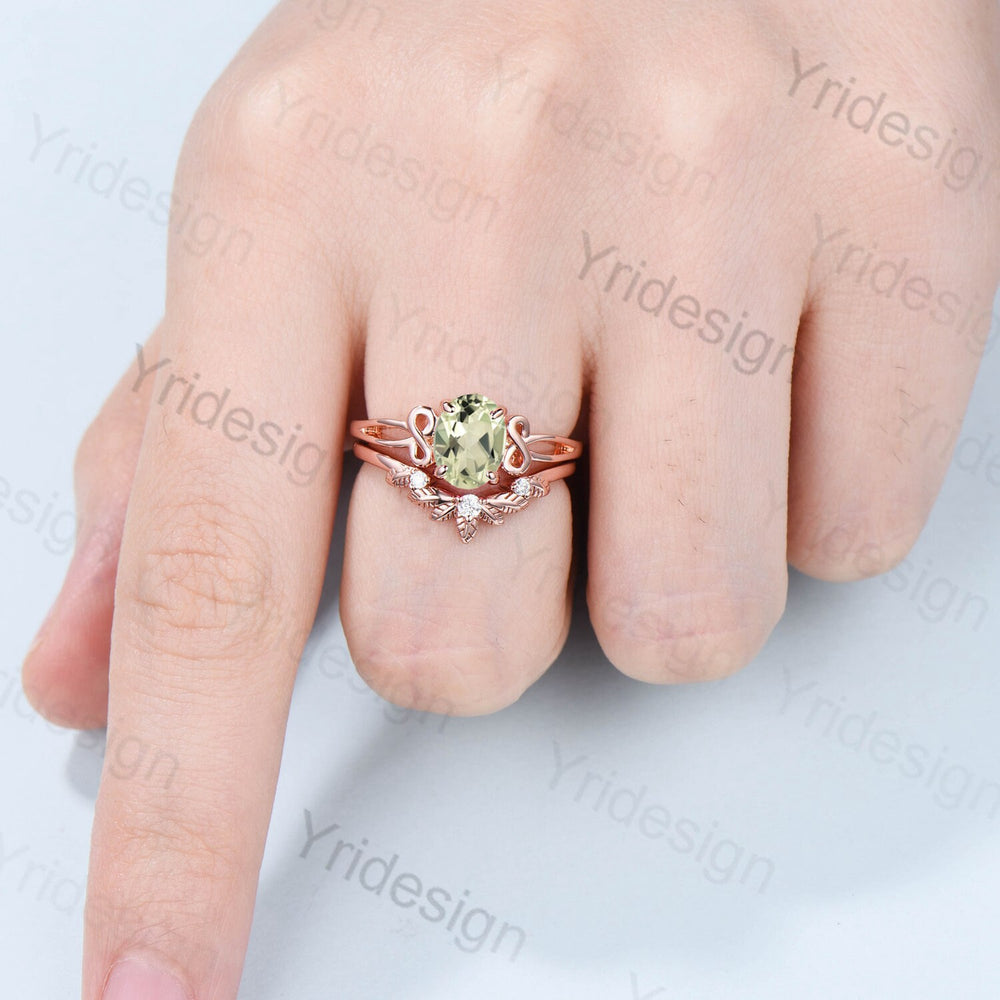 Vintage green amethyst ring celtic love engagement ring set oval cut twig crystal wedding ring set women Unique bridal ring set for women - PENFINE