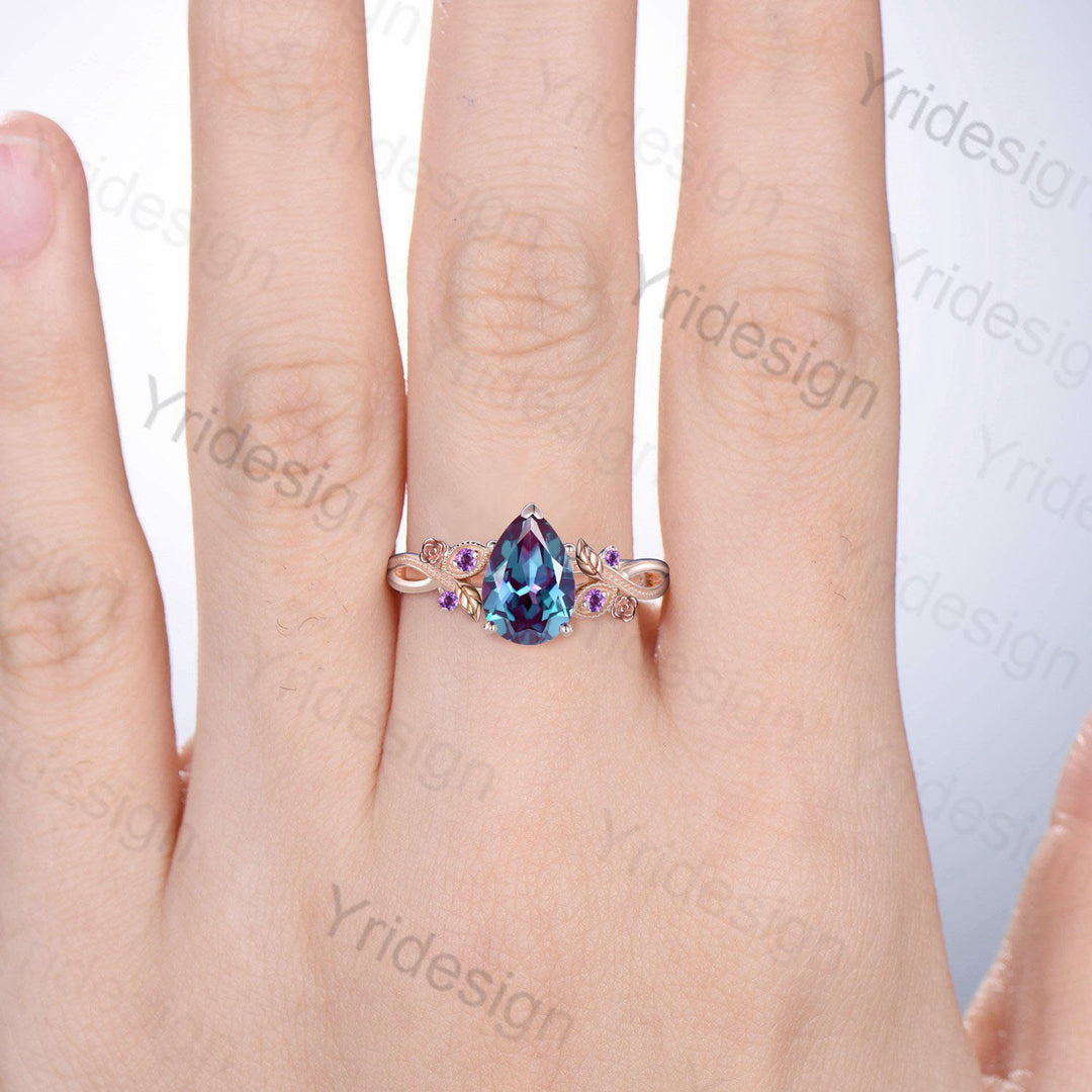 Nature Inspired Alexandrite Engagement Ring Vintage Flower Leaves Twig Amethyst Wedding Ring Unique Art Deco Branch Promise Ring for Women - PENFINE
