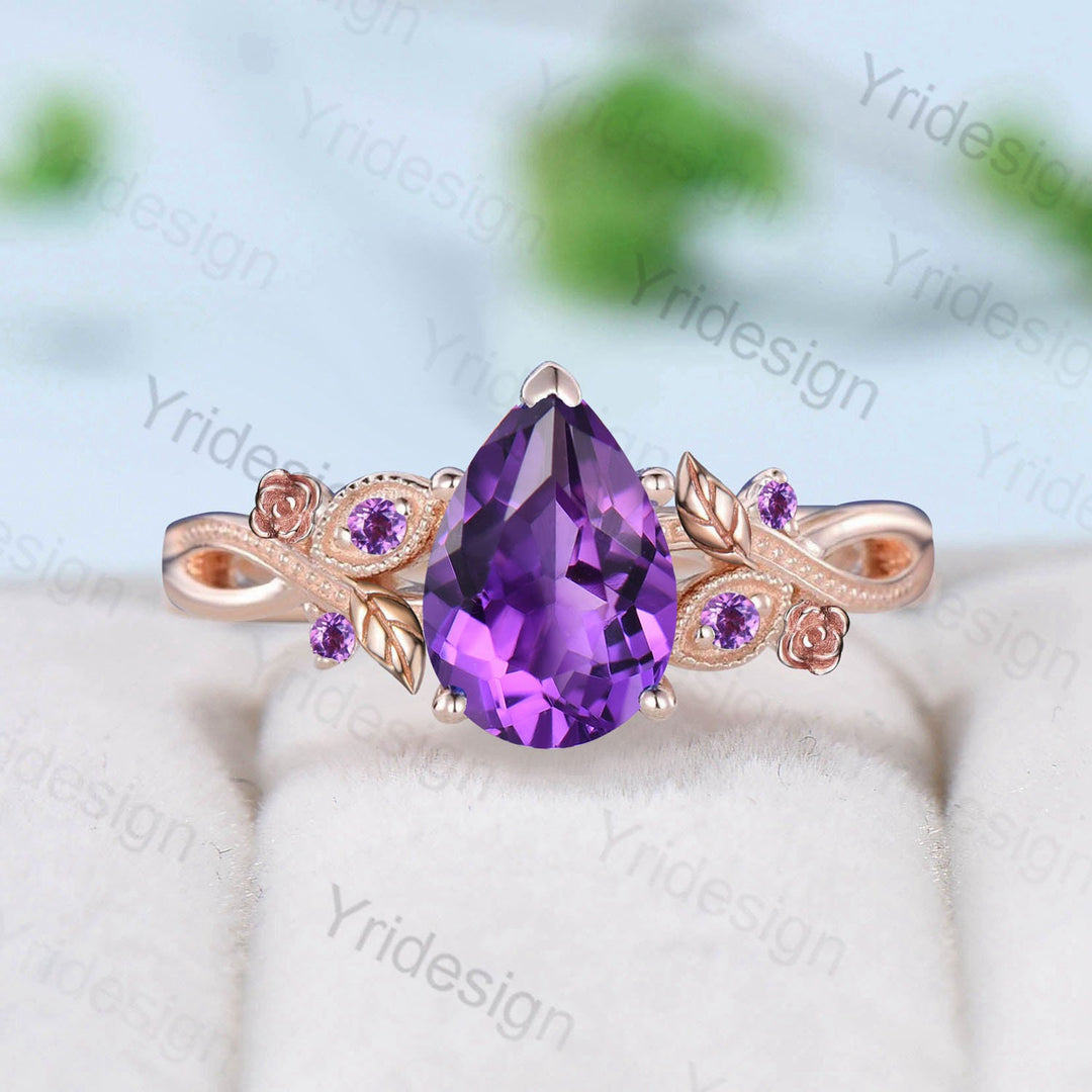 Nature Inspired Amethyst Engagement Ring Vintage Flower Leaves Twig Purple Crystal Wedding Ring Unique Art Deco Branch Promise Ring Women - PENFINE