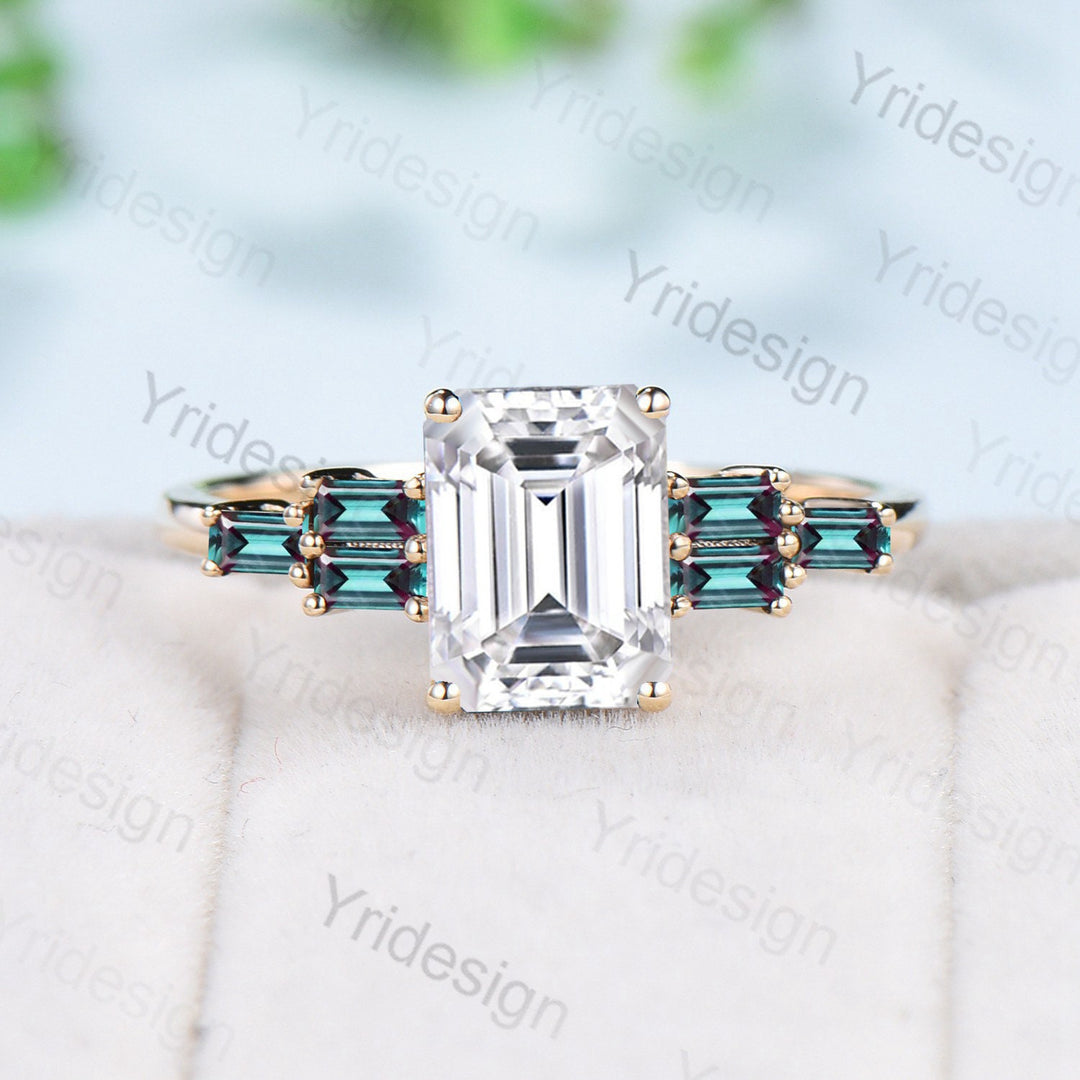 Vintage 2TCW Emerald Cut Moissanite Engagement Ring Cluster Baguette Rose Gold Alexandrite Wedding Ring Antique Anniversary Gift For Women - PENFINE