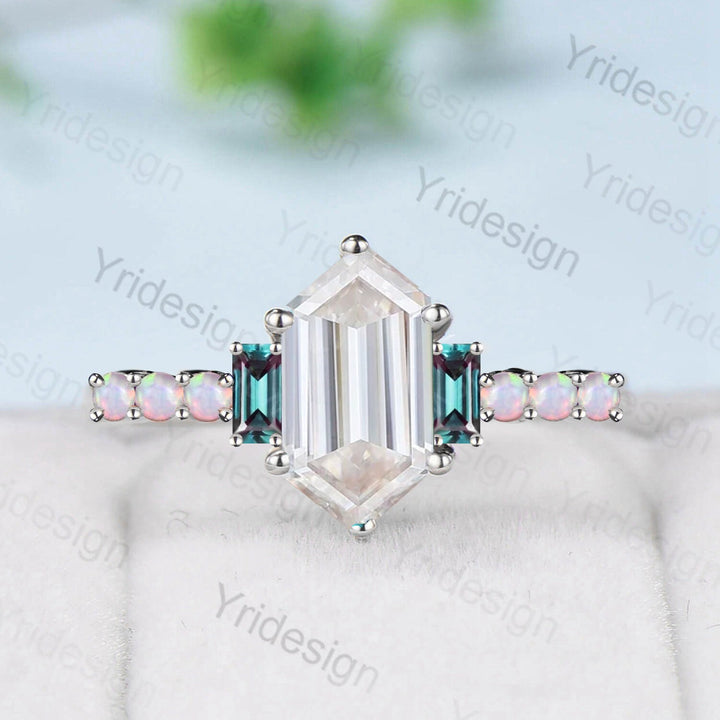 Unique moissanite engagement ring Long hexagon cut moissanite cluster baguette alexandrite opal wedding ring art deco proposal gifts women - PENFINE