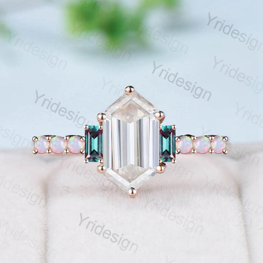 Unique moissanite engagement ring Long hexagon cut moissanite cluster baguette alexandrite opal wedding ring art deco proposal gifts women
