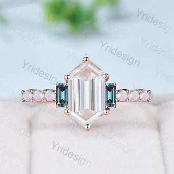 Unique moissanite engagement ring Long hexagon cut moissanite cluster baguette alexandrite opal wedding ring art deco proposal gifts women - PENFINE