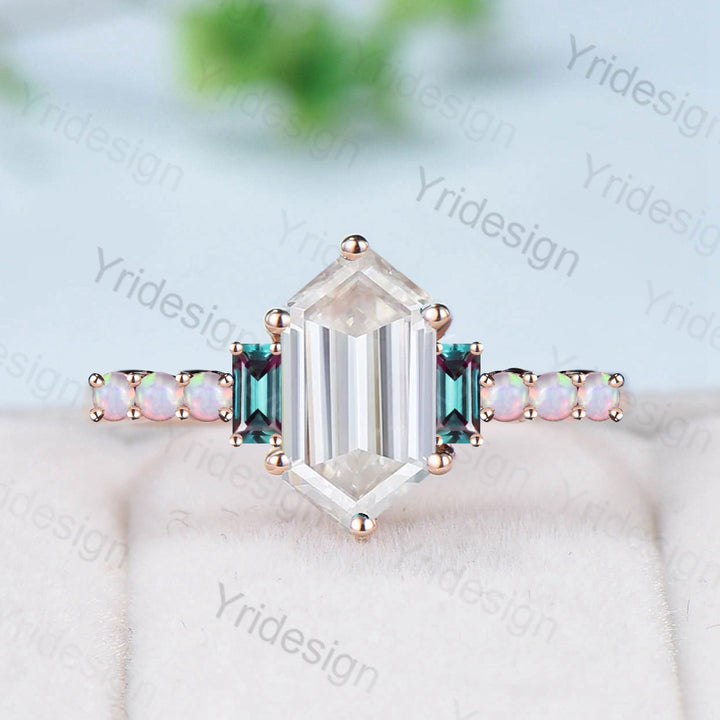 Unique moissanite engagement ring Long hexagon cut moissanite cluster baguette alexandrite opal wedding ring art deco proposal gifts women - PENFINE