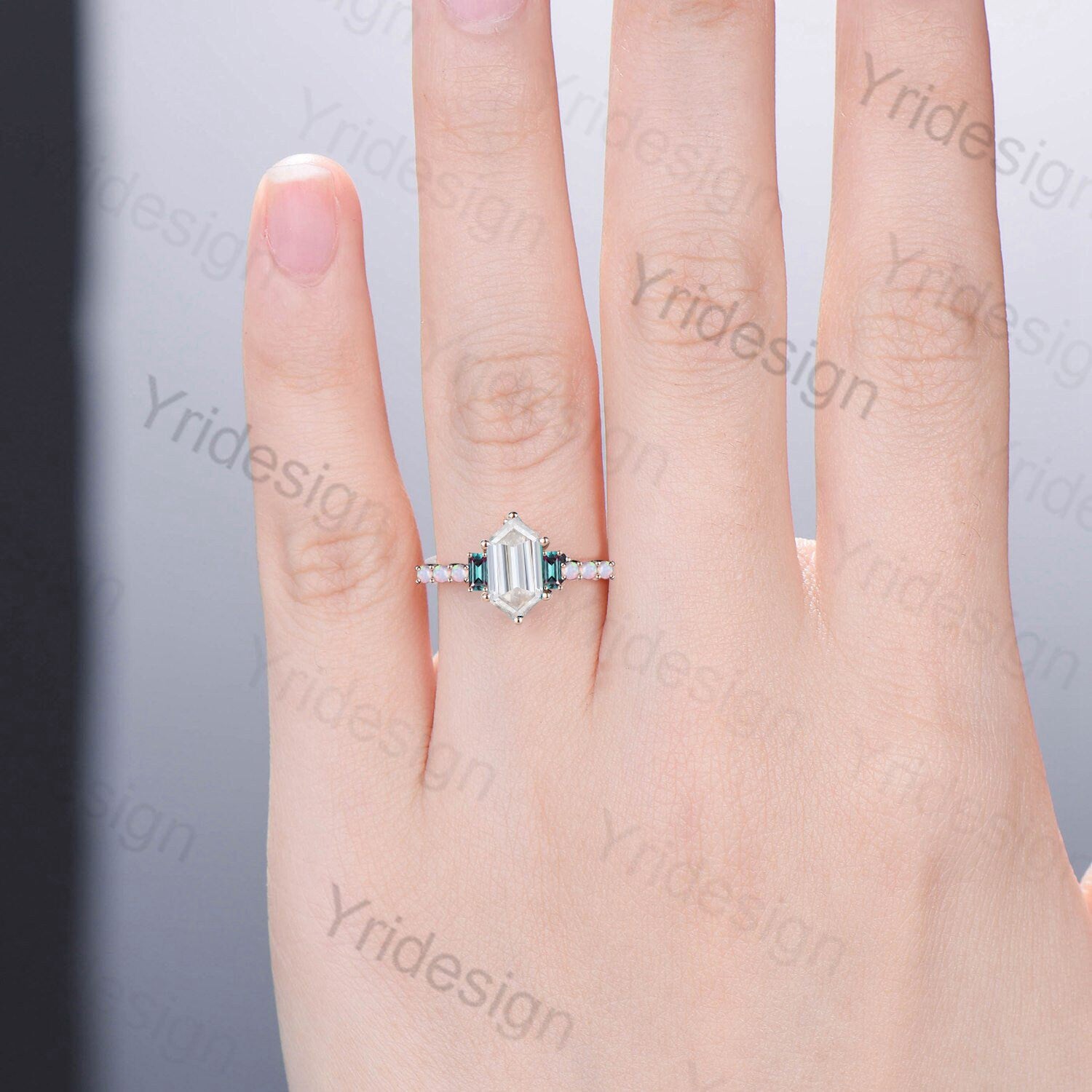 Unique moissanite engagement ring Long hexagon cut moissanite cluster baguette alexandrite opal wedding ring art deco proposal gifts women - PENFINE