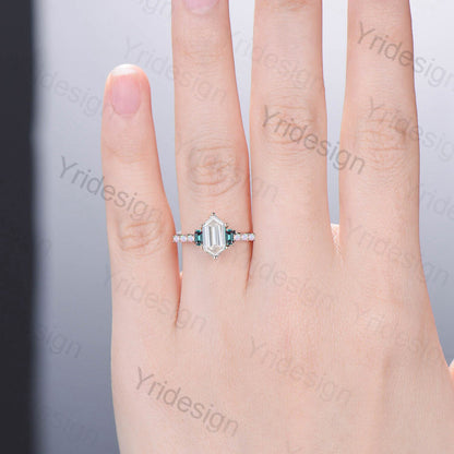 Unique moissanite engagement ring Long hexagon cut moissanite cluster baguette alexandrite opal wedding ring art deco proposal gifts women - PENFINE