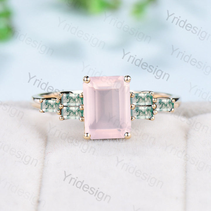 Natural Emerald Cut Rose Quartz Engagement Ring Cluster Baguette Moss Agate  Pink Crystal Wedding Ring Vintage Unique Anniversary Gift Women - PENFINE