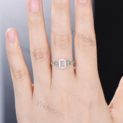 Natural Emerald Cut Rose Quartz Engagement Ring Cluster Baguette Moss Agate  Pink Crystal Wedding Ring Vintage Unique Anniversary Gift Women - PENFINE