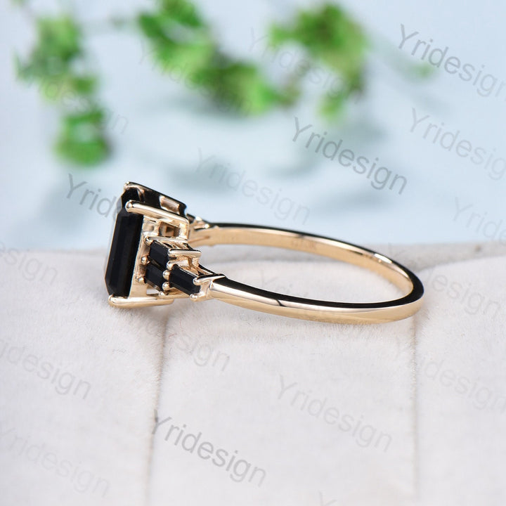 Unique Emerald Cut Black Rutilated Quartz Engagement Ring Cluster Baguette Black Spinel Wedding Ring Healing Crystal Anniversary Gifts Women - PENFINE