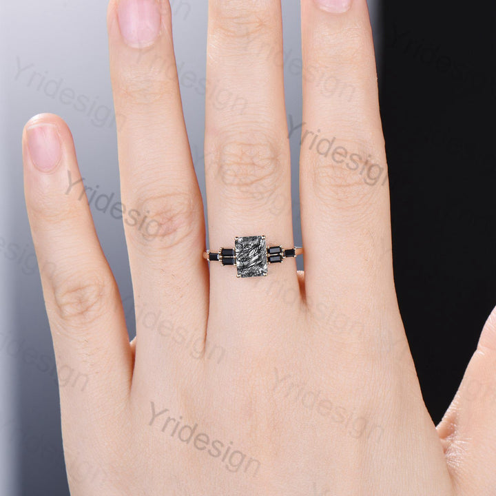 Unique Emerald Cut Black Rutilated Quartz Engagement Ring Cluster Baguette Black Spinel Wedding Ring Healing Crystal Anniversary Gifts Women - PENFINE