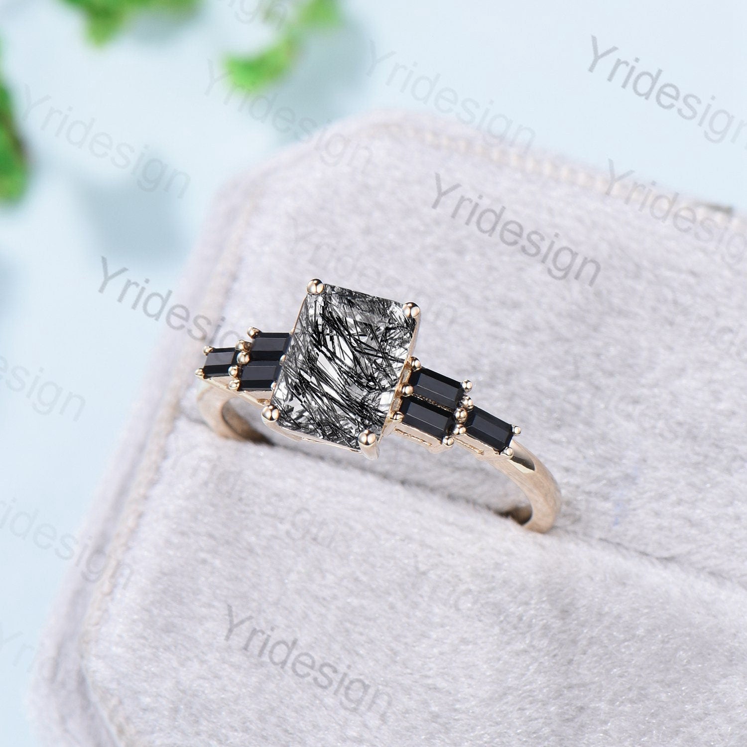 Unique Emerald Cut Black Rutilated Quartz Engagement Ring Cluster Baguette Black Spinel Wedding Ring Healing Crystal Anniversary Gifts Women - PENFINE