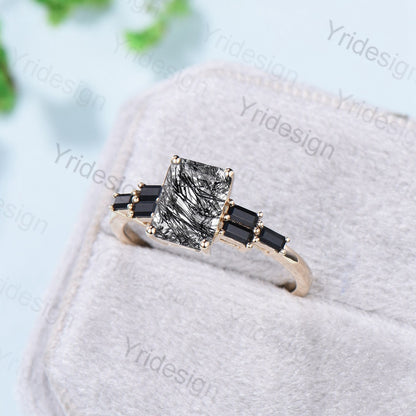 Unique Emerald Cut Black Rutilated Quartz Engagement Ring Cluster Baguette Black Spinel Wedding Ring Healing Crystal Anniversary Gifts Women - PENFINE