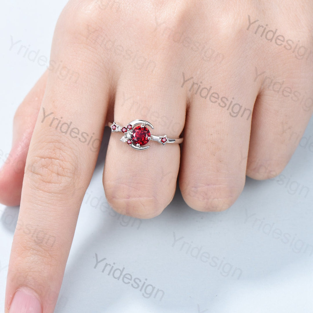 Vintage Crescent moon Ruby Ring Women Silver Gold Unique Cluster Star Galaxy red ruby moissanite wedding ring celestial anniversary ring - PENFINE