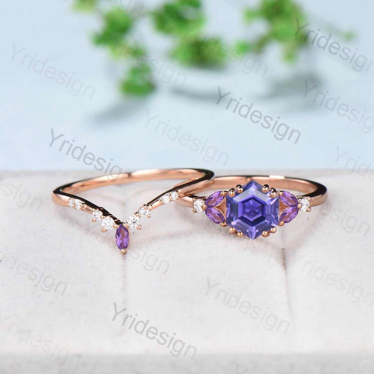 Hexagon Purple Sapphire engagement ring set unique silver Rose gold vintage engagement ring wedding Bridal ring Promise Anniversary gift - PENFINE