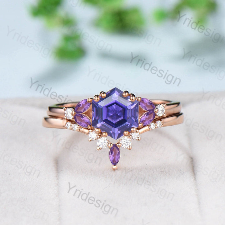 Hexagon Purple Sapphire engagement ring set unique silver Rose gold vintage engagement ring wedding Bridal ring Promise Anniversary gift - PENFINE