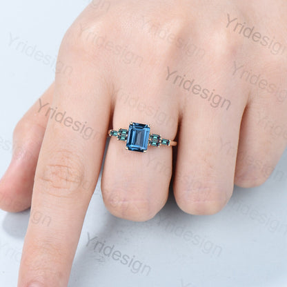 Retro Emerald Cut London Blue Topaz Engagement Ring Vintage Baguette Alexandrite Wedding Ring unique blue topaz Ring women Anniversary Gift - PENFINE