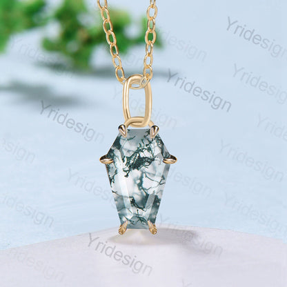 Coffin natural moss agate necklace solid 14k 18k rose gold vintage unique Personalized pendant anniversary bridal gift for women - PENFINE