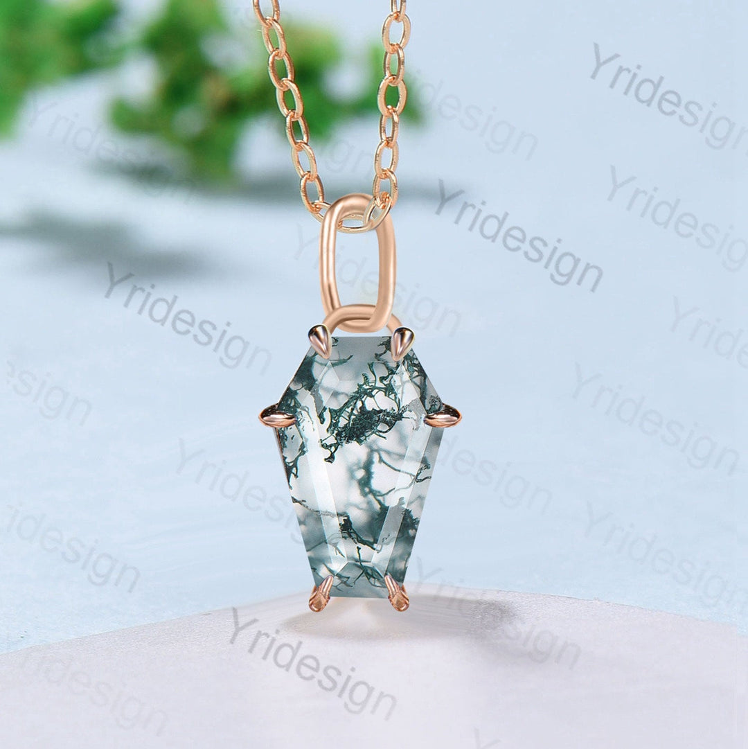 Coffin natural moss agate necklace solid 14k 18k rose gold vintage unique Personalized pendant anniversary bridal gift for women - PENFINE