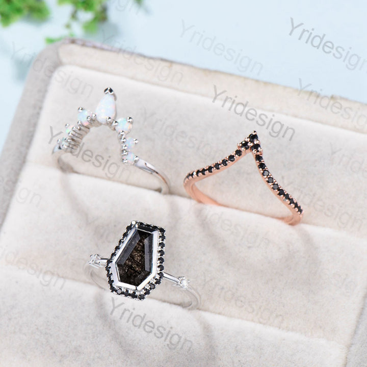 Vintage coffin shaped black rutilated quartz ring set unique black stone engagement ring halo spinel wedding ring set her anniversary gift - PENFINE