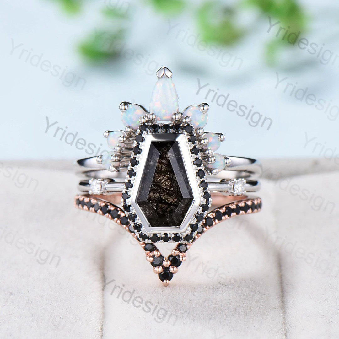 Vintage coffin shaped black rutilated quartz ring set unique black stone engagement ring halo spinel wedding ring set her anniversary gift - PENFINE