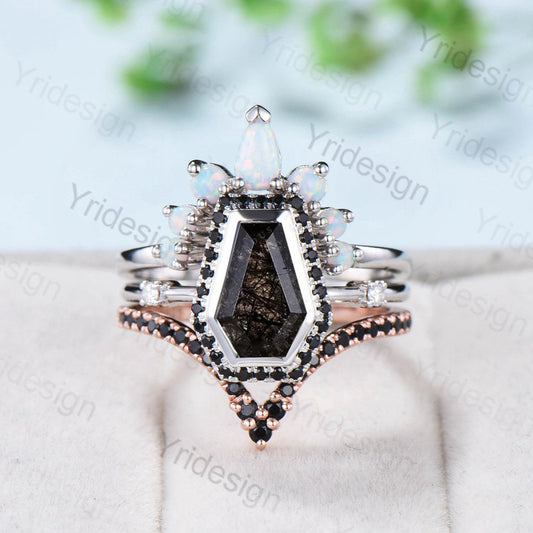 Vintage coffin shaped black rutilated quartz ring set unique black stone engagement ring halo spinel wedding ring set her anniversary gift - PENFINE