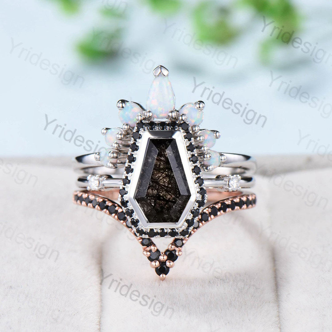 Vintage coffin shaped black rutilated quartz ring set unique black