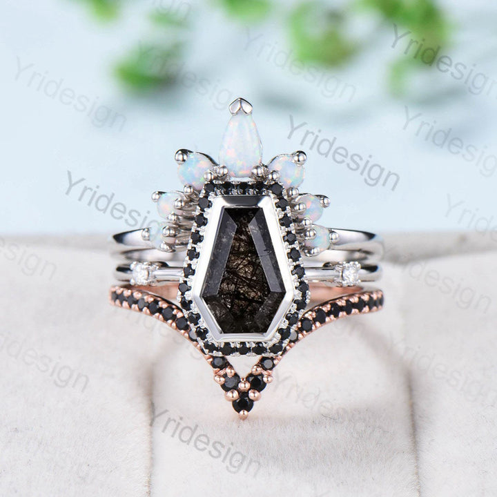 Vintage coffin shaped black rutilated quartz ring set unique black stone engagement ring halo spinel wedding ring set her anniversary gift - PENFINE