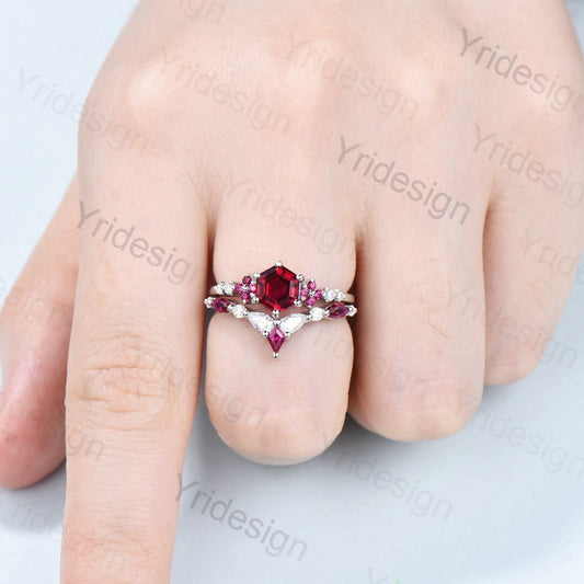 Vintage Hexagon Ruby Engagement Ring Set Silver Rose Gold Leaf Flower Cluster Red Ruby Wedding Ring Set Art Deco Bridal Ring Set For Women - PENFINE