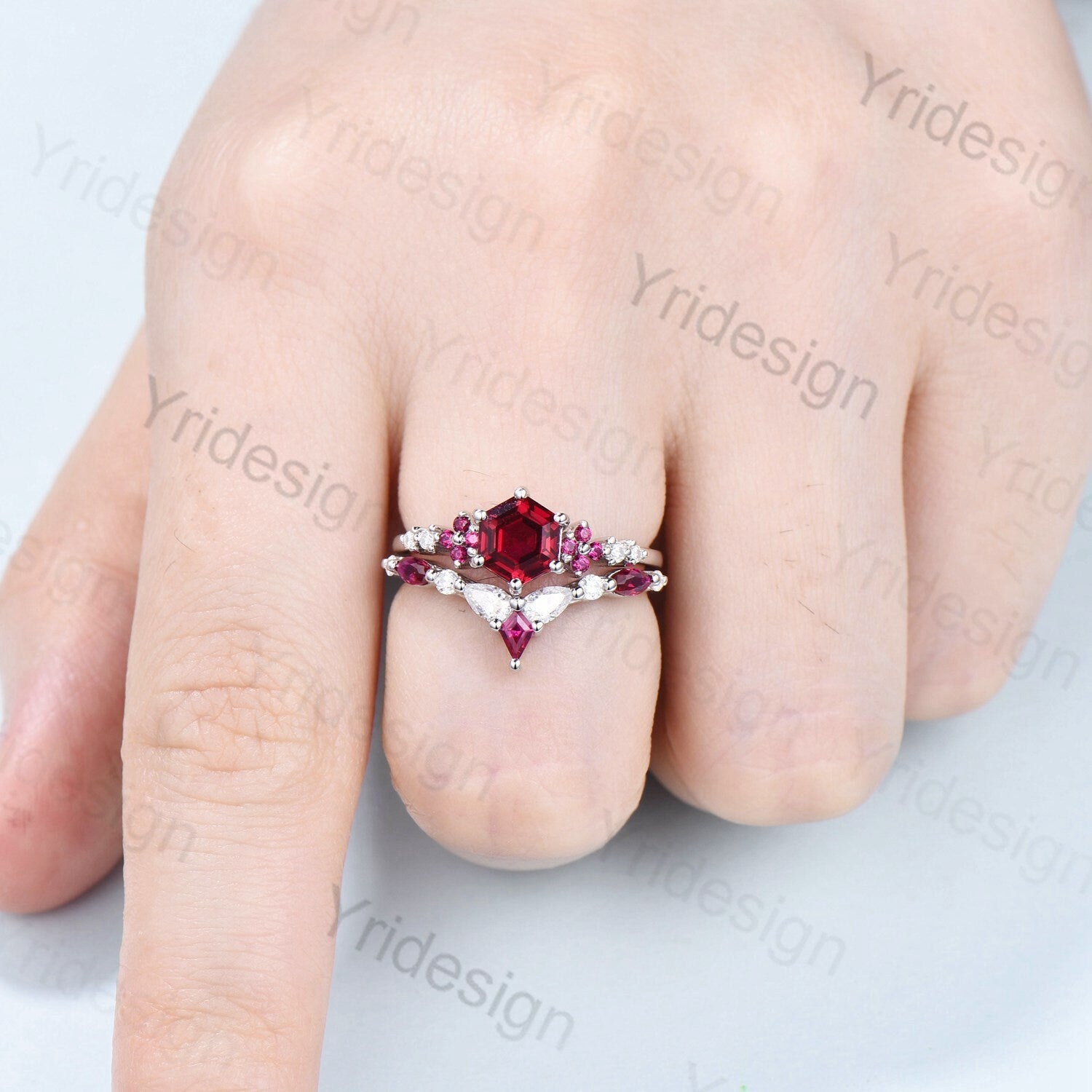 Vintage Hexagon Ruby Engagement Ring Set Silver Rose Gold  Leaf Flower Cluster Red Ruby  Wedding Ring Set Art Deco Bridal Ring Set For Women - PENFINE